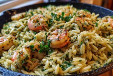 Pesto Shrimp Orzo Skillet