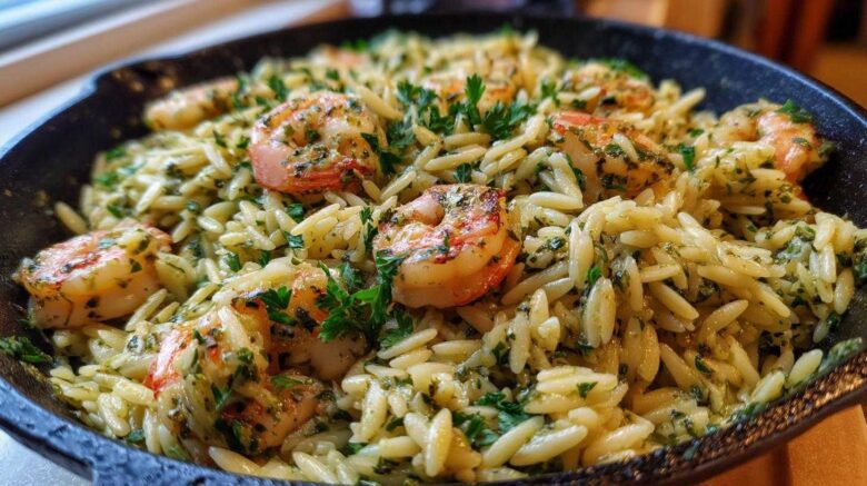 Pesto Shrimp Orzo Skillet