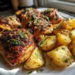 Close-up of perfectly roasted garlic parmesan chicken and potatoes served on a white plate.