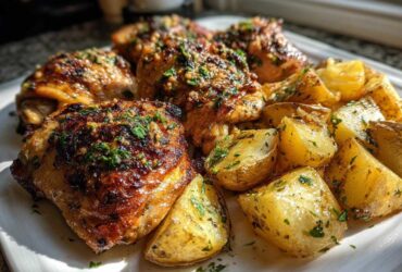 Close-up of perfectly roasted garlic parmesan chicken and potatoes served on a white plate.