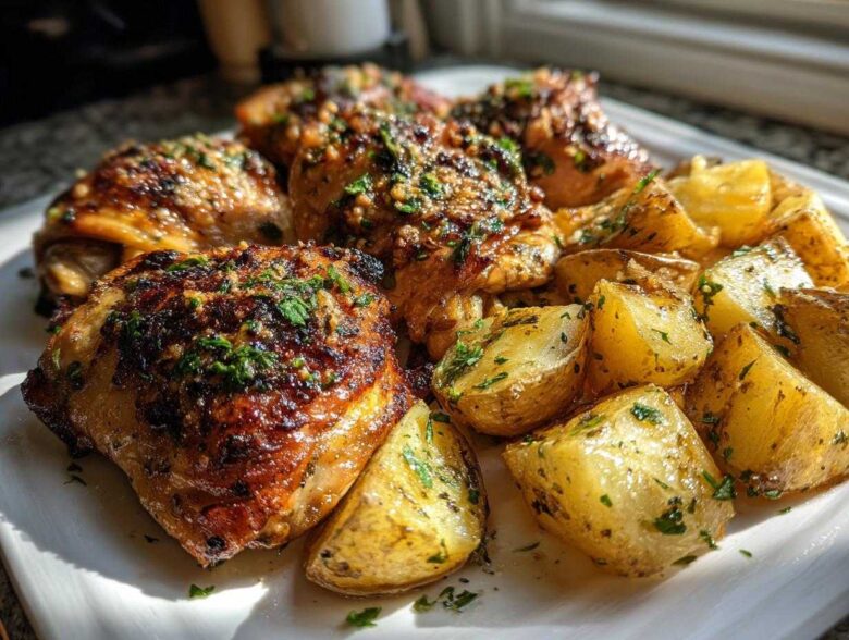 Close-up of perfectly roasted garlic parmesan chicken and potatoes served on a white plate.