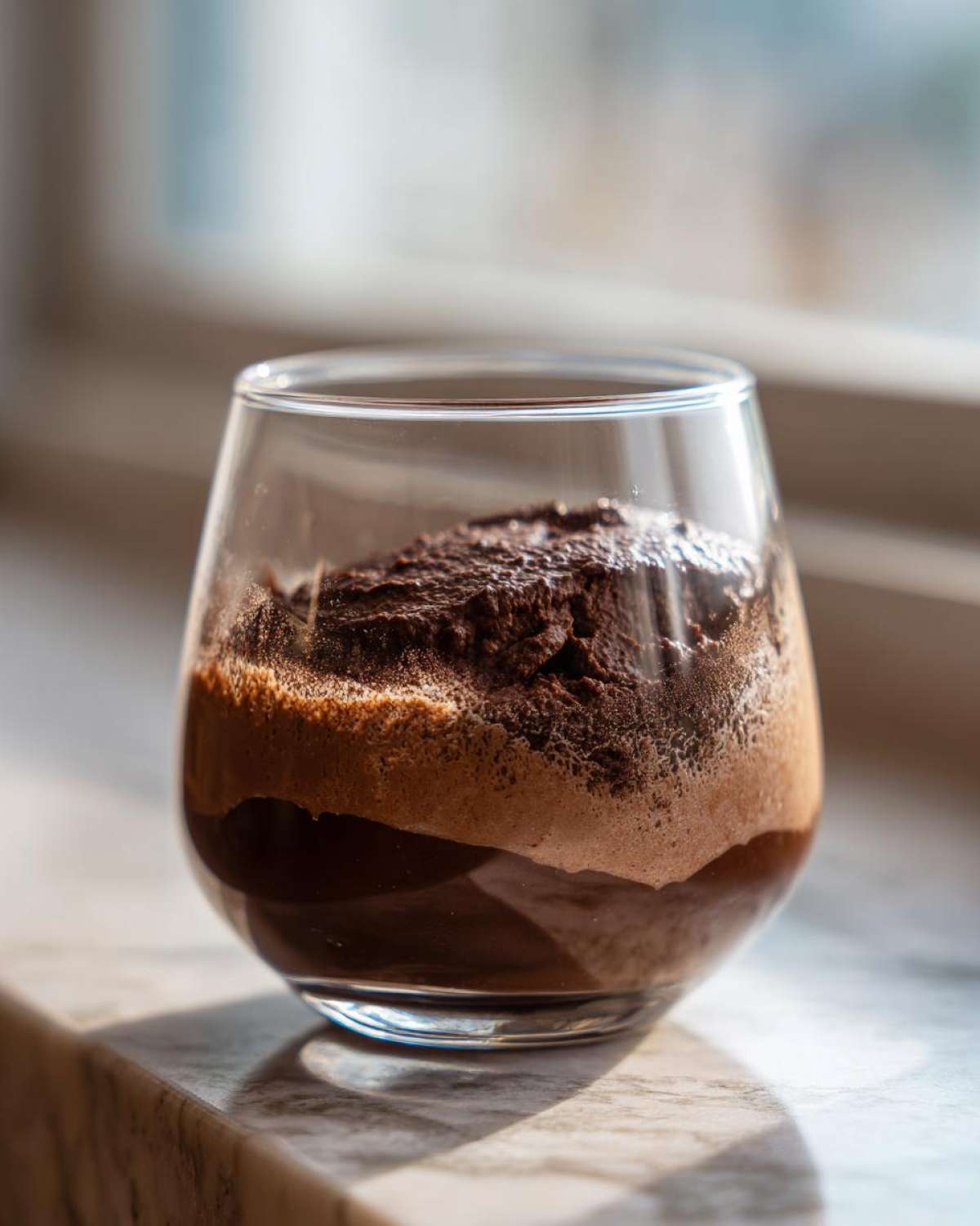 A rich, dark chocolate mousse served in a clear glass, showing distinct layers of texture.