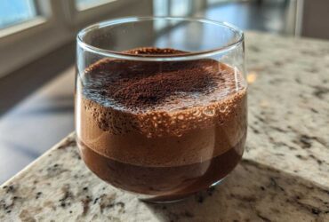 A close-up of airy, rich chocolate mousse dusted with cocoa powder in a clear glass.
