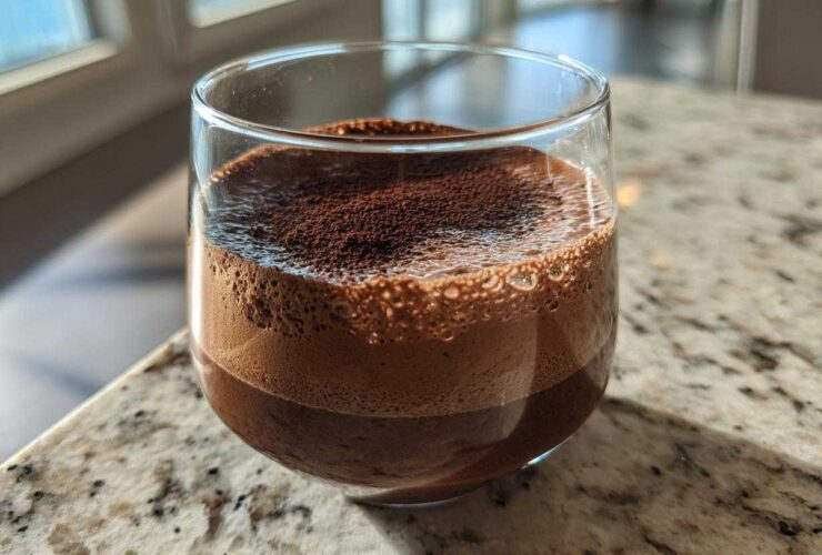 A close-up of airy, rich chocolate mousse dusted with cocoa powder in a clear glass.