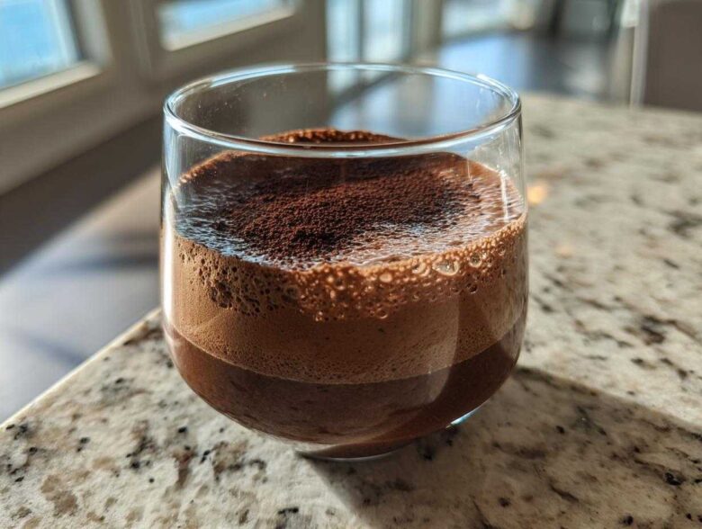 A close-up of airy, rich chocolate mousse dusted with cocoa powder in a clear glass.