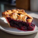 Close-up of a juicy slice of blackberry pie showing the dark berry filling and golden lattice crust.