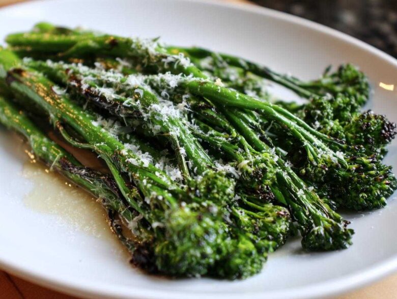 Close-up of bright green, roasted broccolini stalks topped with grated Parmesan cheese on a white plate.