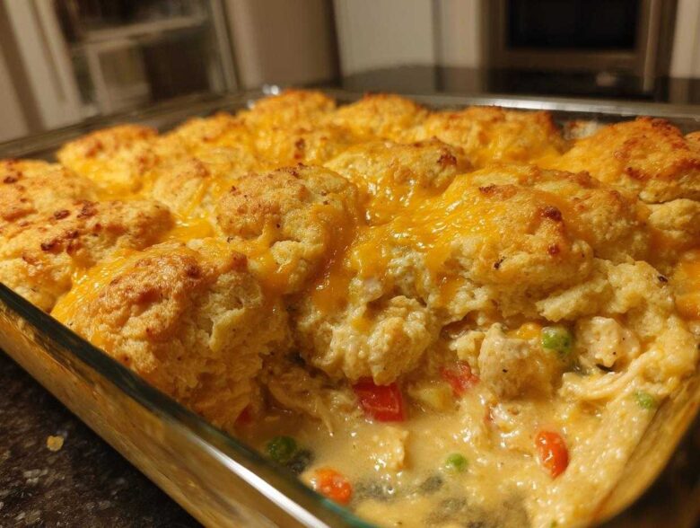 Close-up of a glass baking dish filled with creamy chicken cobbler topped with golden biscuits and melted cheddar cheese.