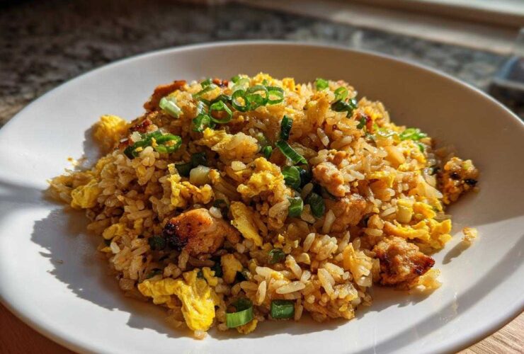 A close-up of a serving of amazing chicken fried rice with scrambled egg and green onions on a white plate.
