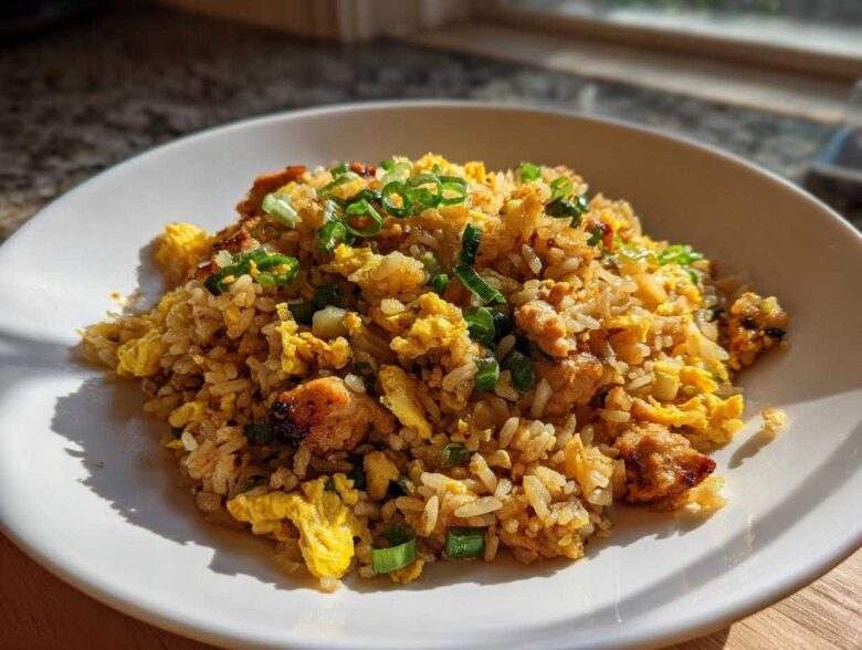 A close-up of a serving of amazing chicken fried rice with scrambled egg and green onions on a white plate.
