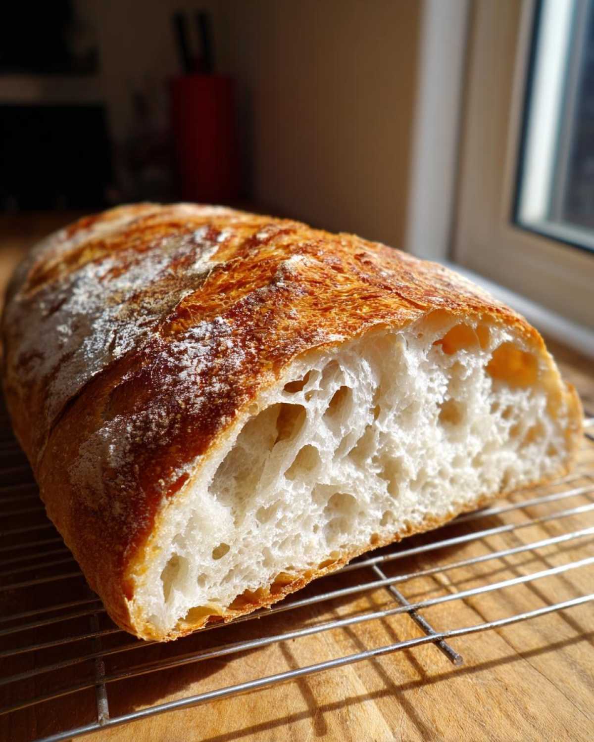Close-up of a freshly baked french bread loaf, sliced open to show the airy, open crumb structure, resting on a wire rack.