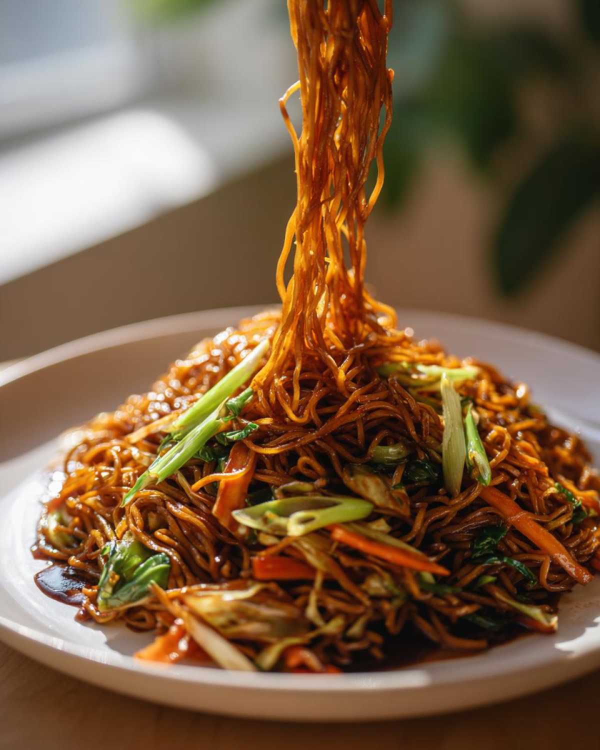 Close-up of dark, glossy fried noodles being lifted high from a plate mixed with colorful vegetables.