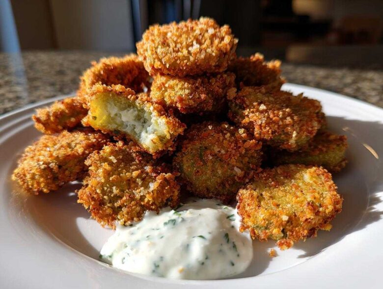 A stack of crispy, golden brown Fried Pickles served on a white plate with a side of creamy herb dipping sauce.