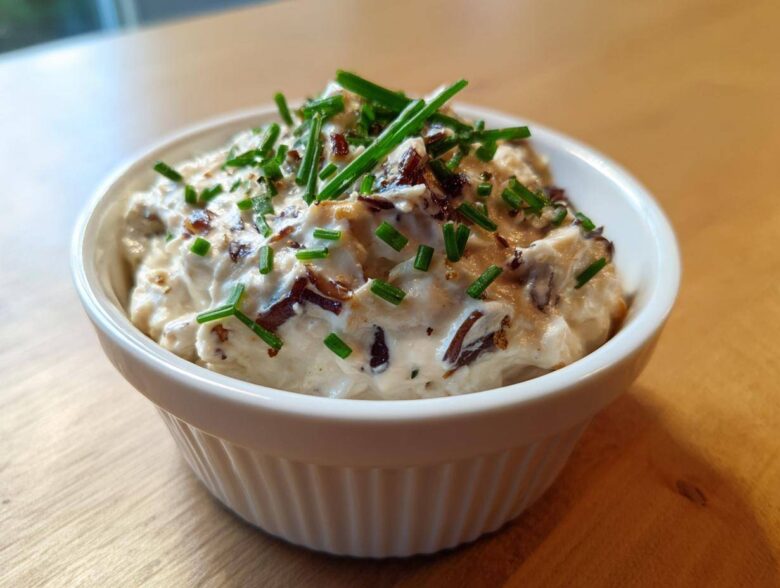 Close-up of creamy, homemade onion dip topped with caramelized onions and fresh chives in a white bowl.