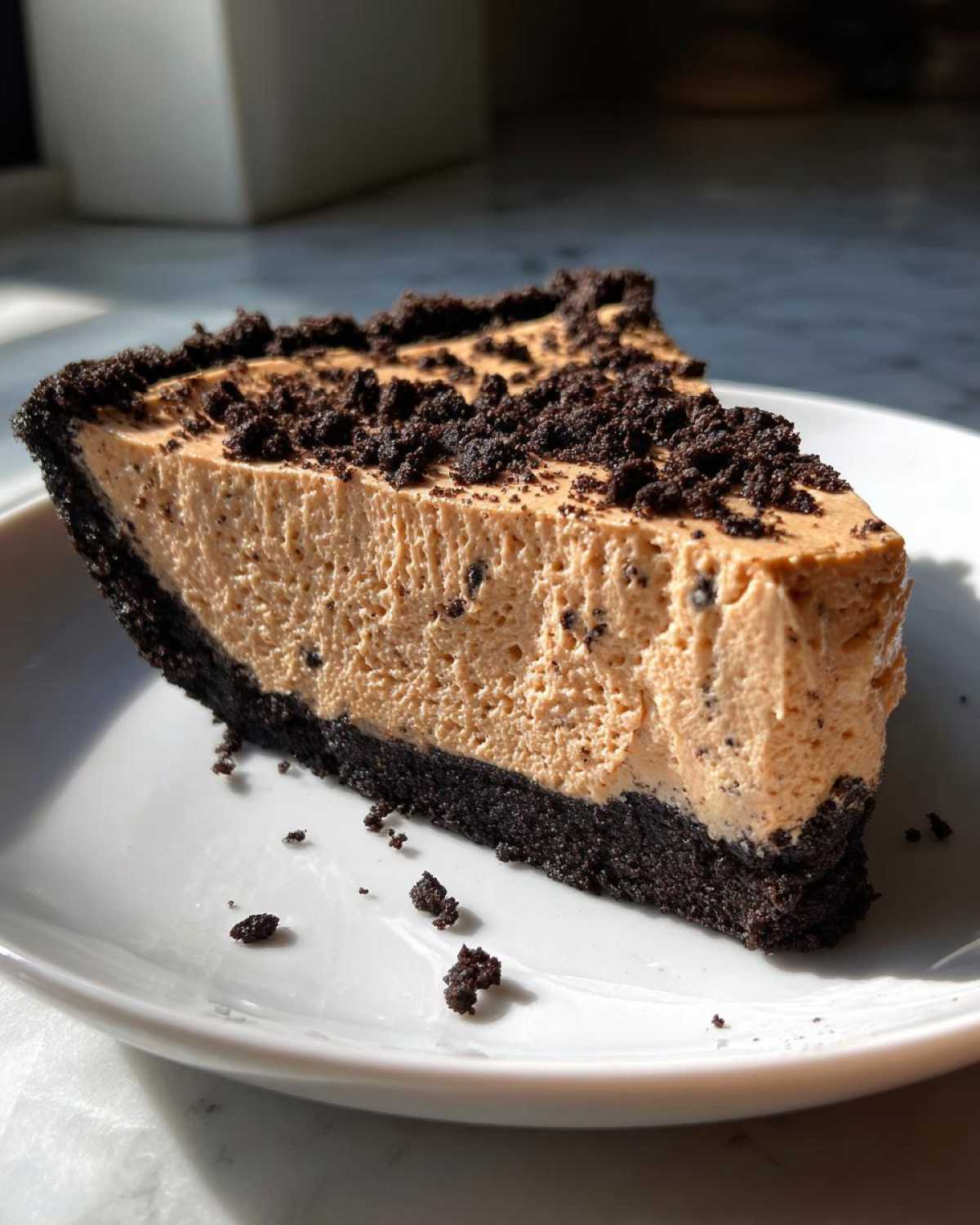 A close-up slice of amazing peanut butter pie featuring a thick, creamy filling and a dark chocolate crumb crust.