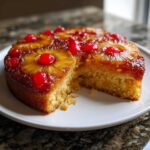 A slice removed from a delicious pineapple upside down cake topped with caramelized pineapple rings and maraschino cherries.