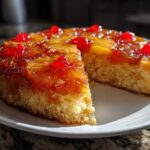 A slice removed from an amazing pineapple upside down cake, showing the moist crumb and caramelized pineapple topping with cherries.