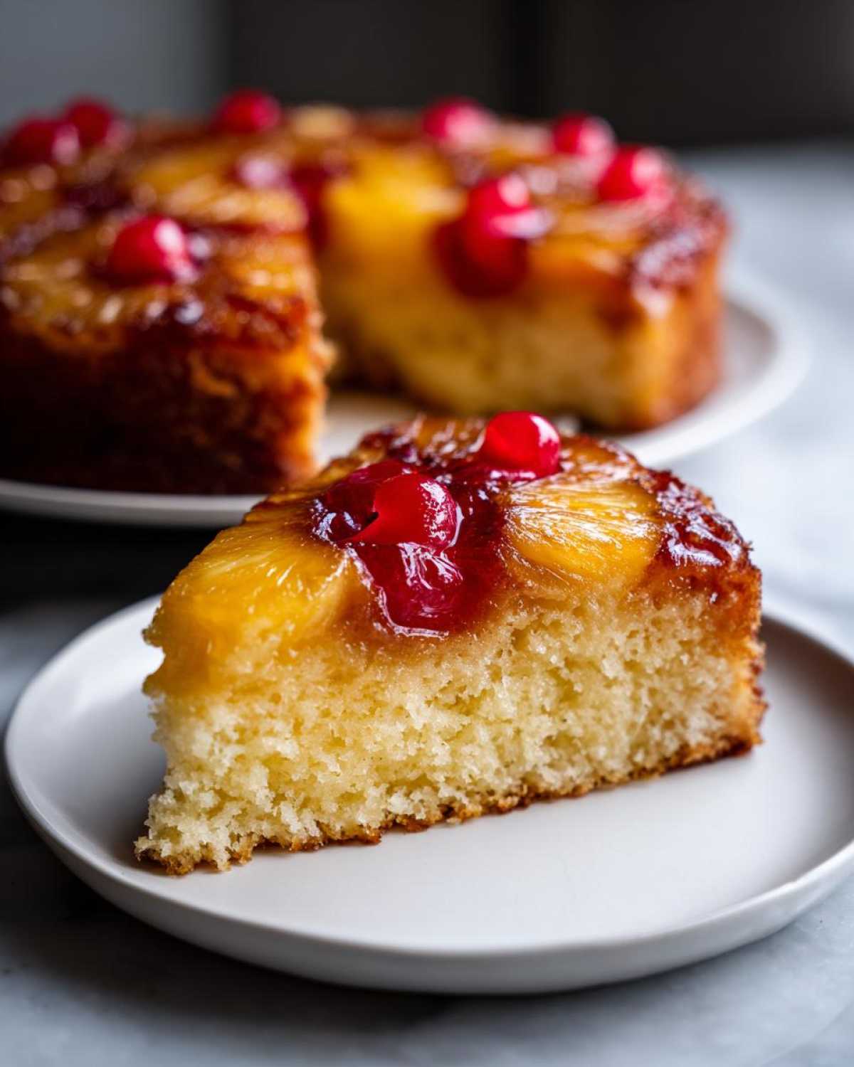 A close-up slice of amazing pineapple upside down cake showing moist crumb, caramelized pineapple, and a maraschino cherry.