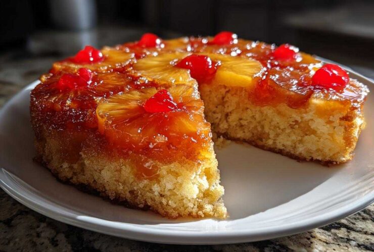 A slice removed from an amazing pineapple upside down cake, showing the moist crumb and caramelized pineapple topping with cherries.