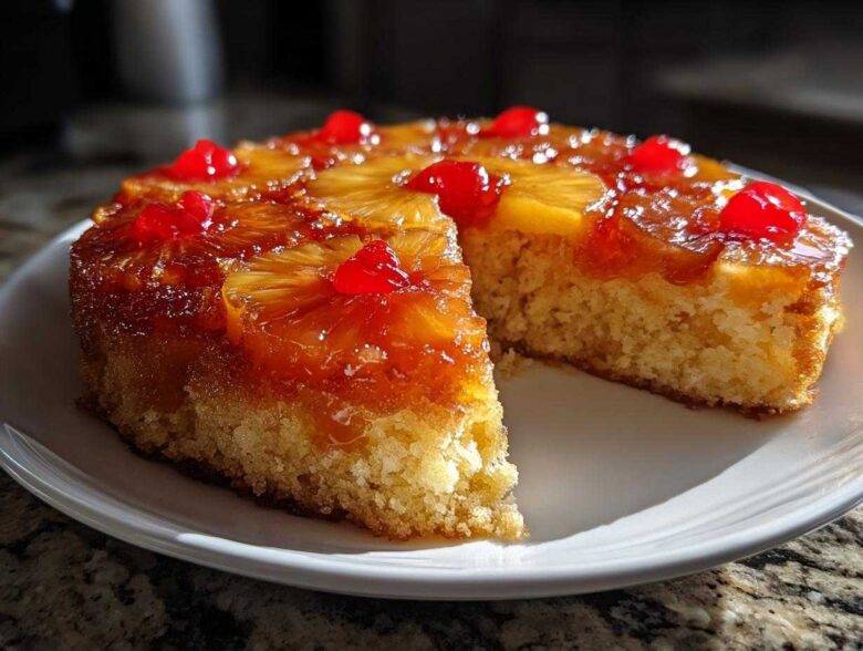A slice removed from an amazing pineapple upside down cake, showing the moist crumb and caramelized pineapple topping with cherries.