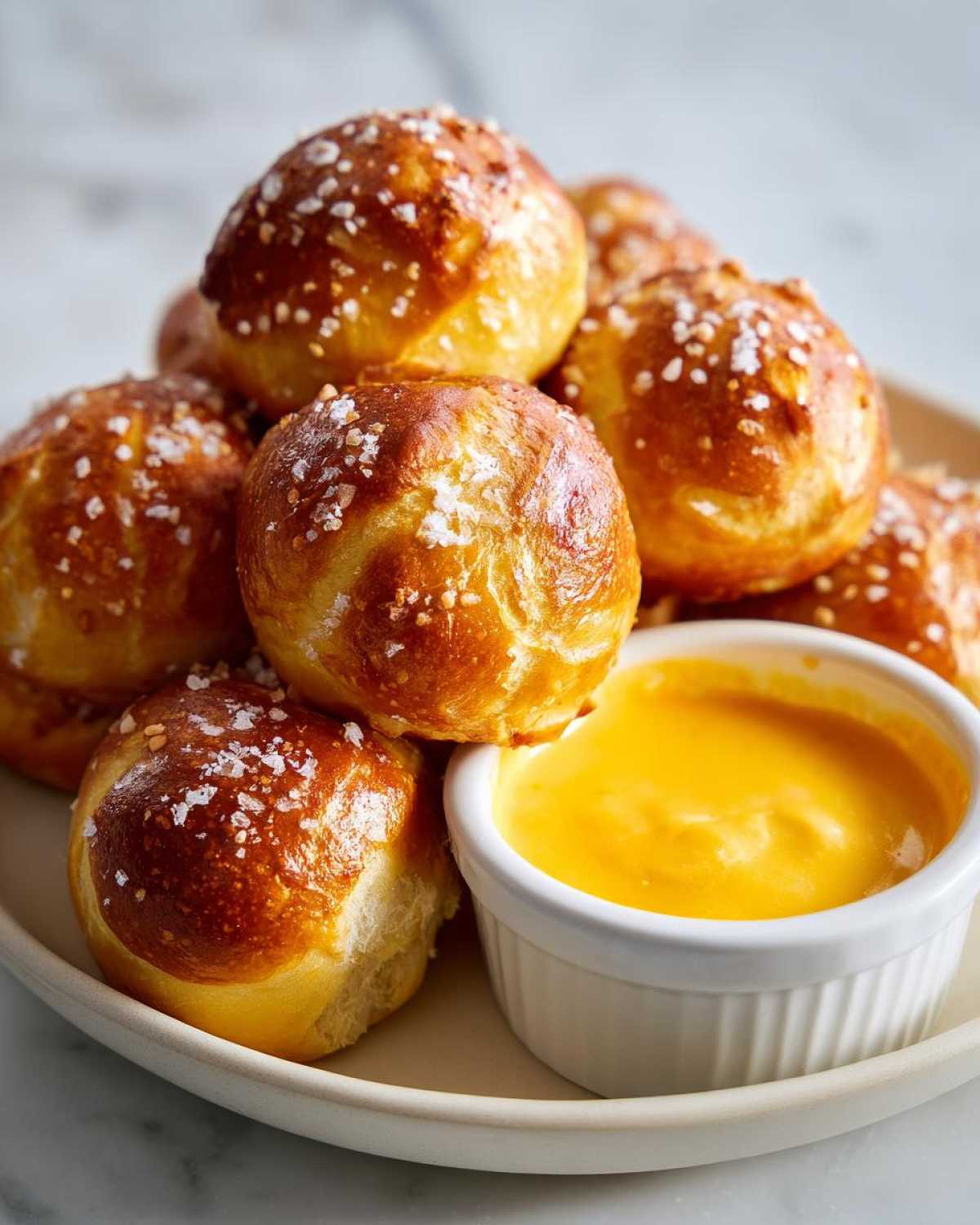A stack of freshly baked pretzel bites topped with coarse salt served next to a small white ramekin of bright yellow cheese sauce.