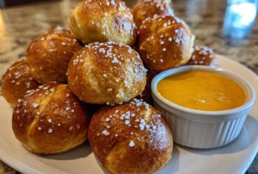 A pile of freshly baked, golden brown pretzel bites topped with coarse salt, served with a side of creamy cheese sauce.