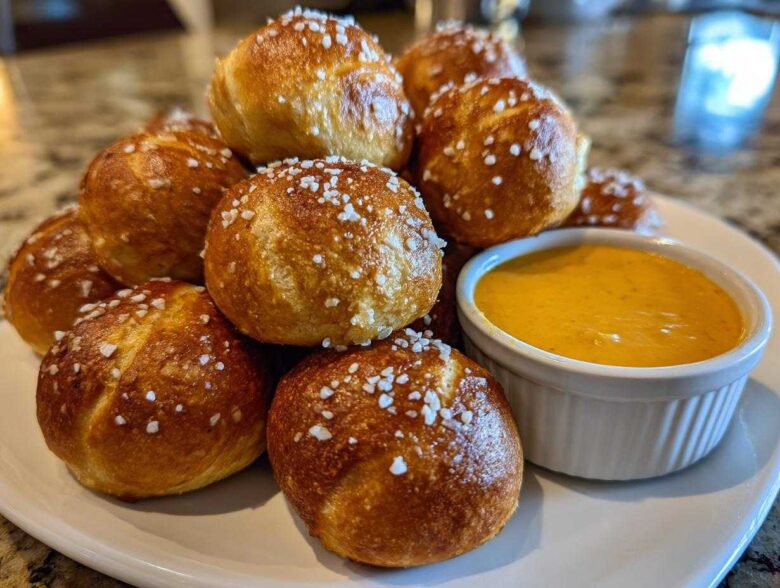 A pile of freshly baked, golden brown pretzel bites topped with coarse salt, served with a side of creamy cheese sauce.