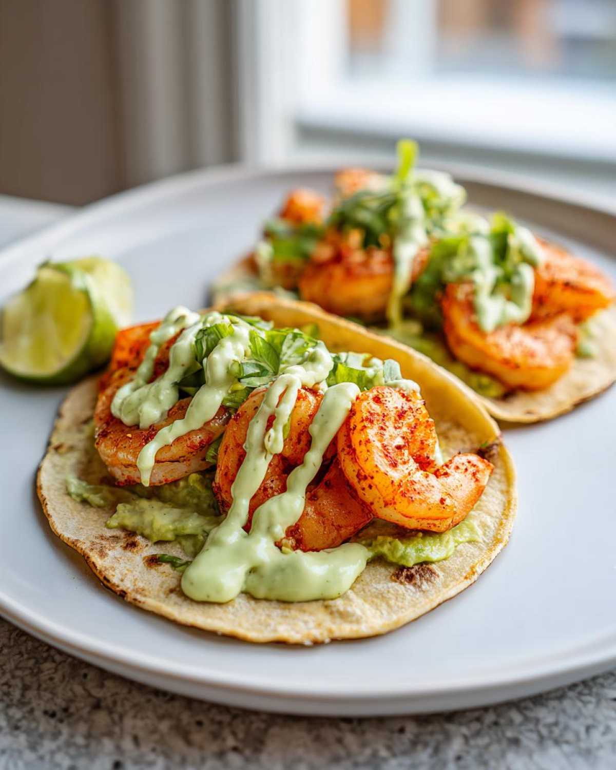 Two delicious shrimp taco halves on a white plate topped with seasoned shrimp, avocado spread, and creamy green sauce.