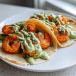 Close-up of two delicious shrimp taco halves on a white plate, topped with seasoned shrimp and a creamy green sauce.