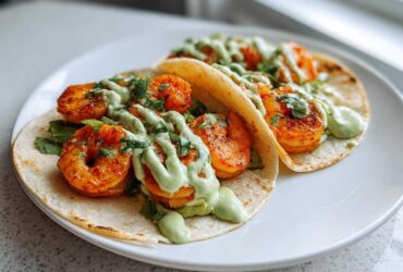 Close-up of two delicious shrimp taco halves on a white plate, topped with seasoned shrimp and a creamy green sauce.