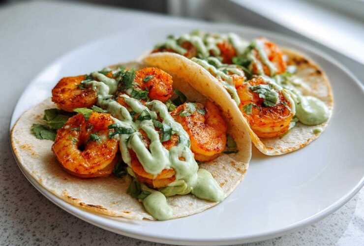 Close-up of two delicious shrimp taco halves on a white plate, topped with seasoned shrimp and a creamy green sauce.