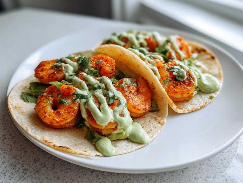 Close-up of two delicious shrimp taco halves on a white plate, topped with seasoned shrimp and a creamy green sauce.