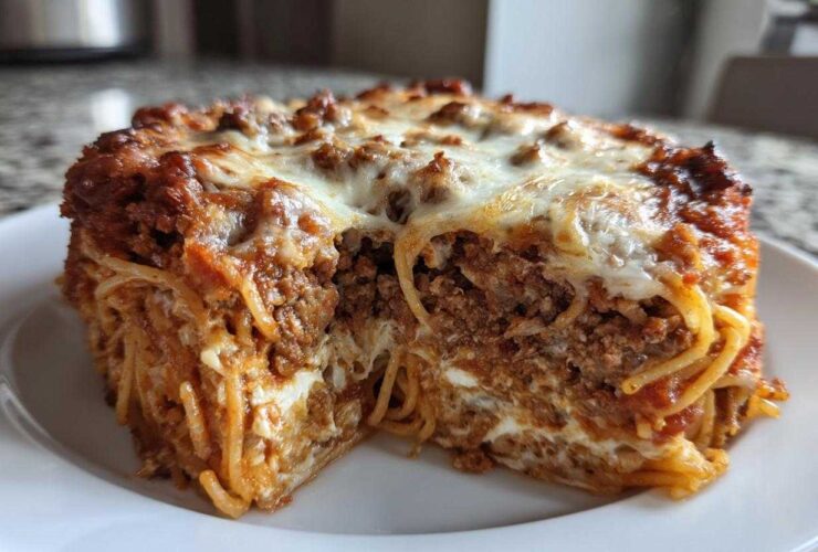 A thick slice of baked spaghetti pie showing layers of pasta, meat sauce, and melted cheese topping.