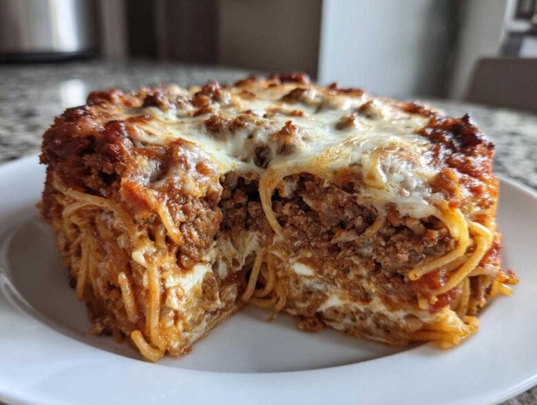 A thick slice of baked spaghetti pie showing layers of pasta, meat sauce, and melted cheese topping.