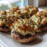 A plate of freshly baked stuffed mushrooms recipe with golden, cheesy topping and parsley.