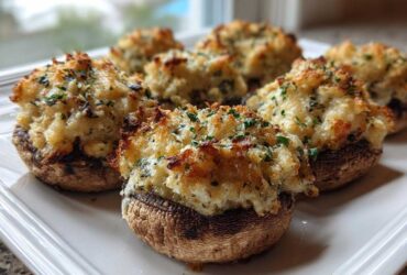 A plate of freshly baked stuffed mushrooms recipe with golden, cheesy topping and parsley.