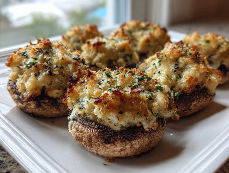 A plate of freshly baked stuffed mushrooms recipe with golden, cheesy topping and parsley.