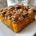 A close-up of a square slice of amazing sweet potato casserole featuring a bright orange filling and a crunchy pecan streusel topping.