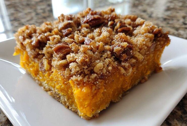 A close-up of a square slice of amazing sweet potato casserole featuring a bright orange filling and a crunchy pecan streusel topping.