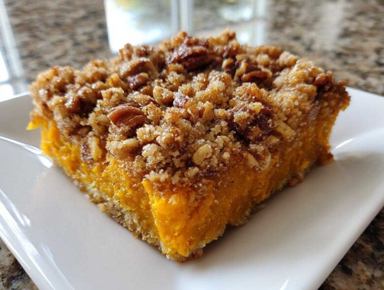 A close-up of a square slice of amazing sweet potato casserole featuring a bright orange filling and a crunchy pecan streusel topping.