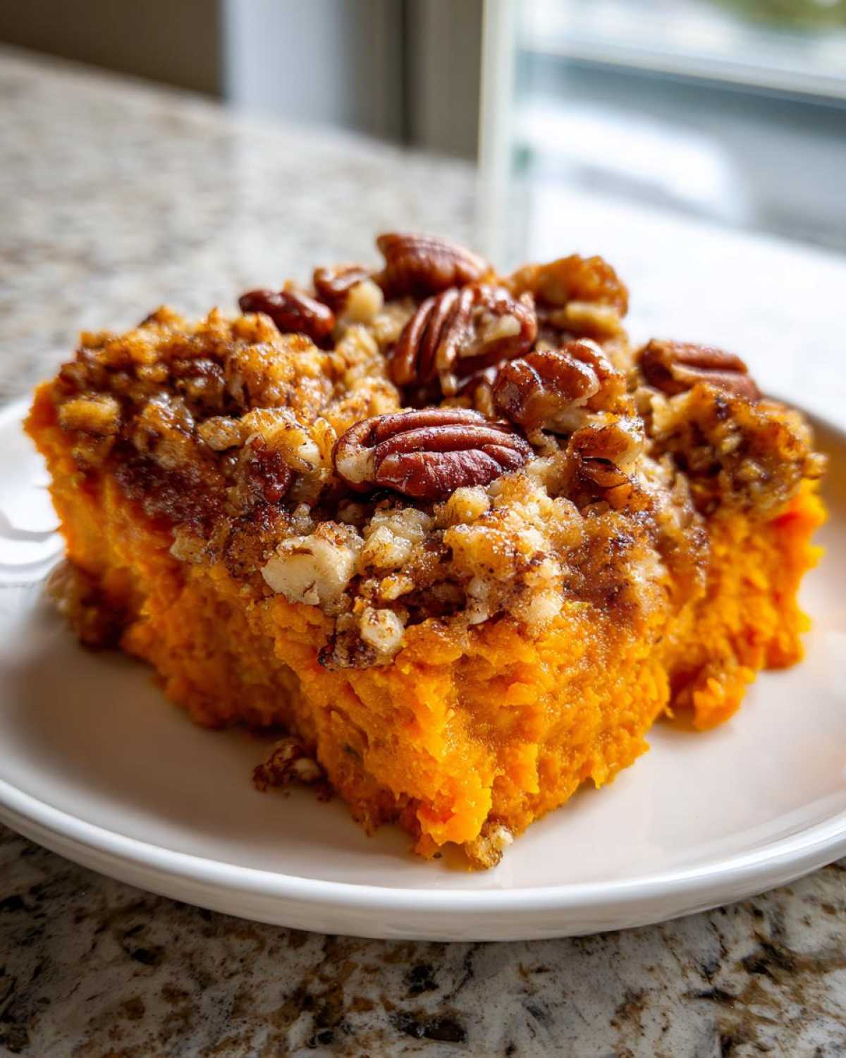 A close-up of a square slice of bright orange sweet potato casserole topped with a brown sugar and pecan crumble.