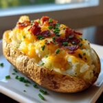 A delicious twice baked potato stuffed with mashed potato, topped with melted cheddar cheese, bacon bits, and chives.