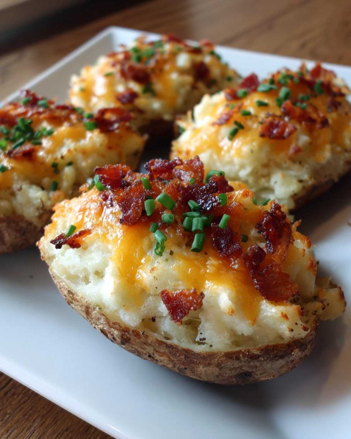 Four servings of delicious twice baked potatoes topped with melted cheddar cheese, crispy bacon bits, and fresh chives.
