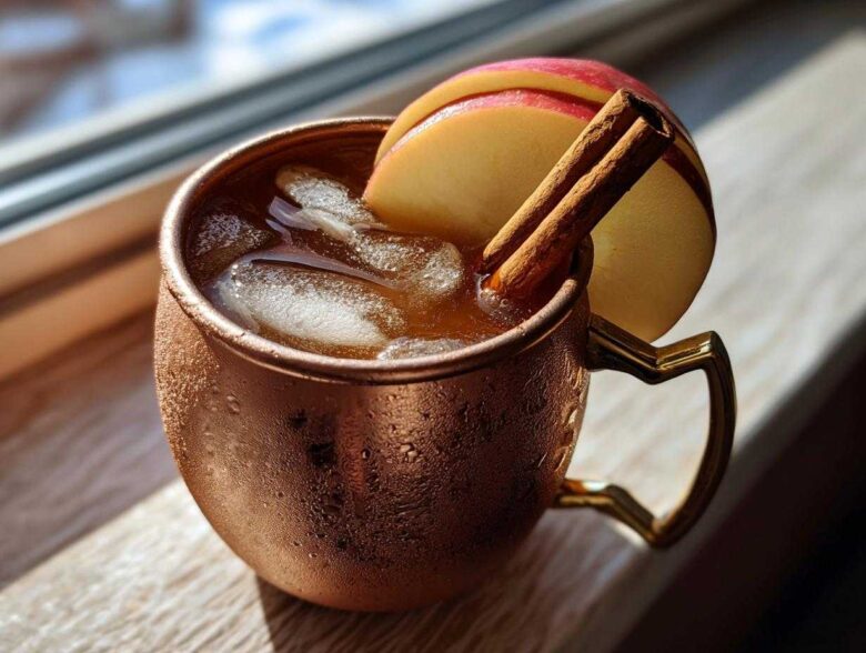 A frosty copper mug filled with an Apple Cider Moscow Mule, garnished with apple slices and cinnamon sticks.