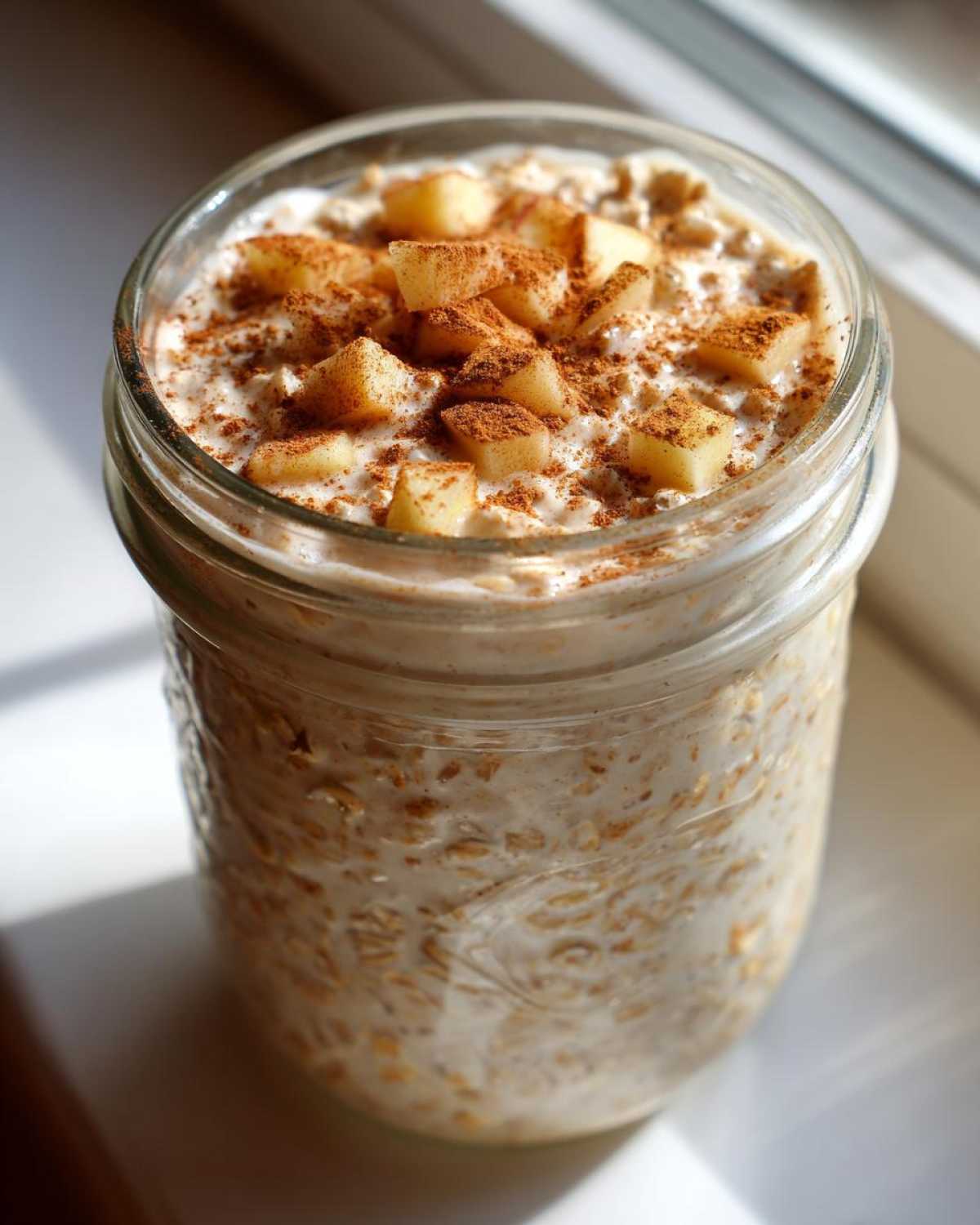 Close-up of apple cinnamon overnight oats in a glass jar, topped with diced apples and cinnamon.
