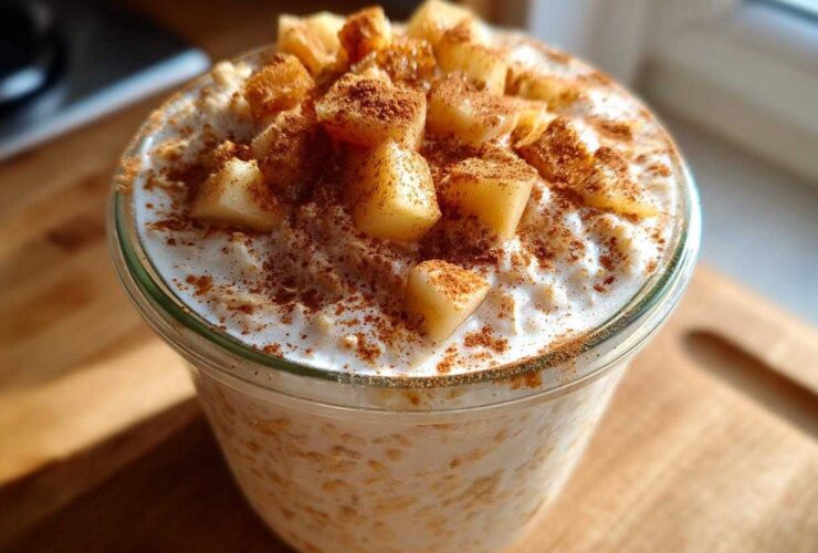 A glass jar filled with creamy apple cinnamon overnight oats, topped with diced apples and sprinkled with cinnamon.