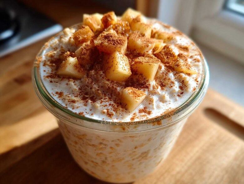 A glass jar filled with creamy apple cinnamon overnight oats, topped with diced apples and sprinkled with cinnamon.