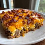 A hearty slice of bacon cheeseburger casserole topped with melted cheddar cheese and crispy bacon bits.