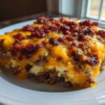 A close-up slice of bacon cheeseburger casserole topped with melted cheddar cheese and crispy bacon bits.