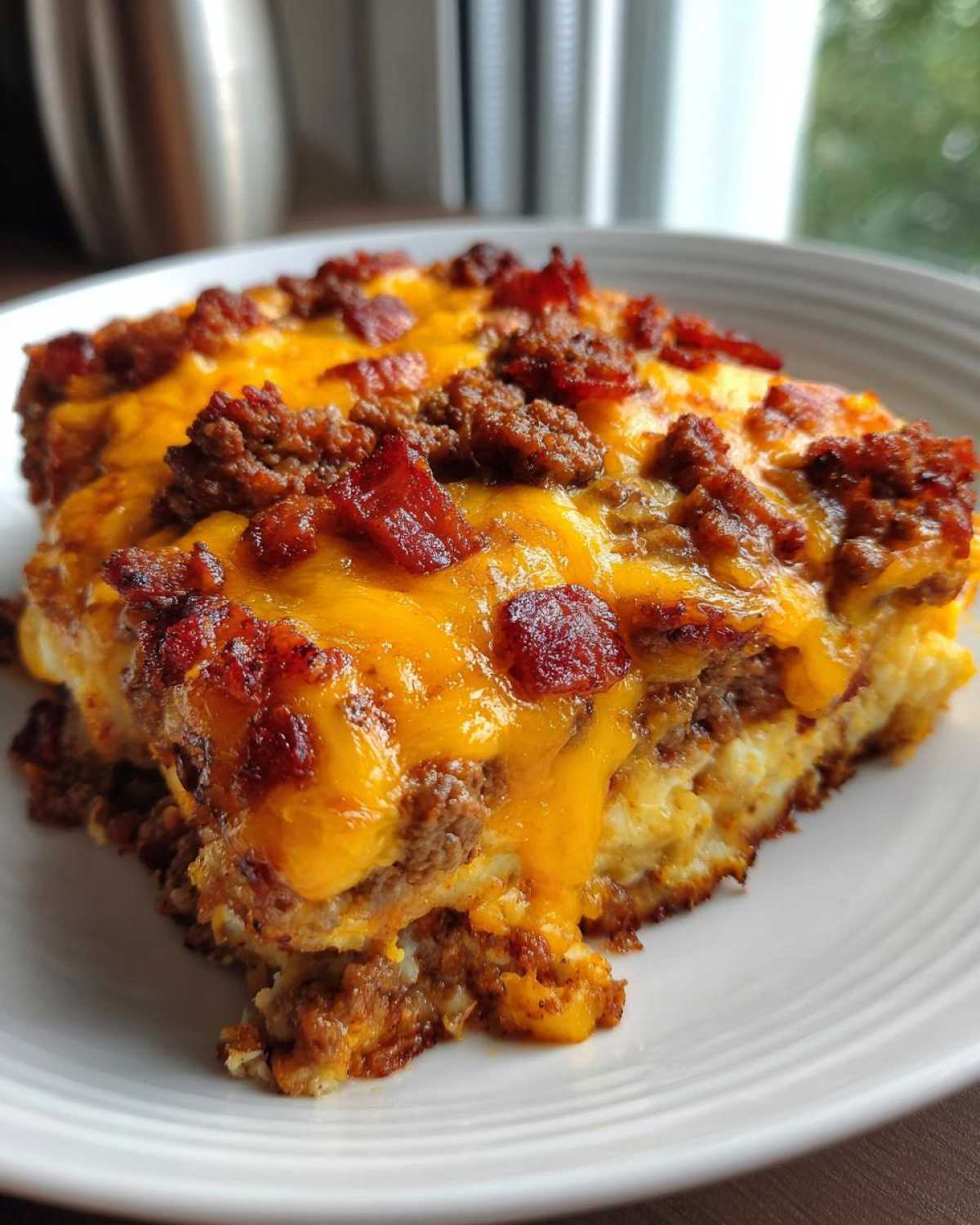 A close-up slice of bacon cheeseburger casserole topped with melted cheddar and crumbled bacon.